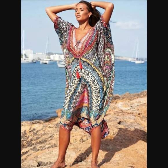Colorful swimsuit cover-up kaftan v-neck tie front closure one size NEW - Picture 2 of 3